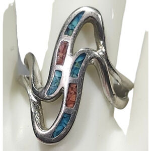 Vtg Native Sterling Silver Turquoise Coral Chip Chevron Zig Zag Ring Size 5